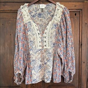 HD in Paris Blue and Pink Ruched Bib Collar Blouse